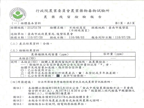 不結球萵苣-農藥殘留檢驗報告